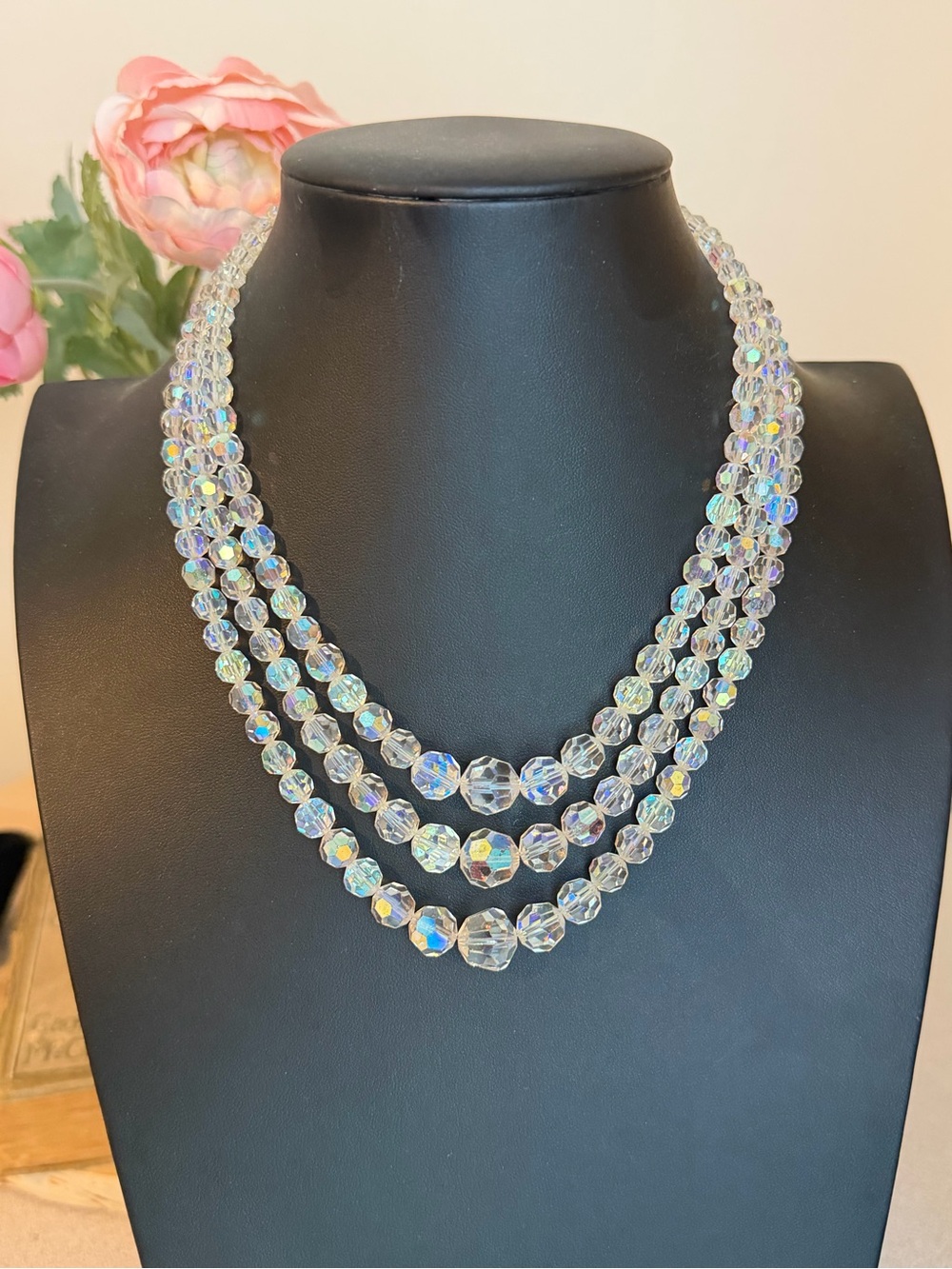 Vintage 1950s Aurora Borealis Triple Strand Crystal Necklace
